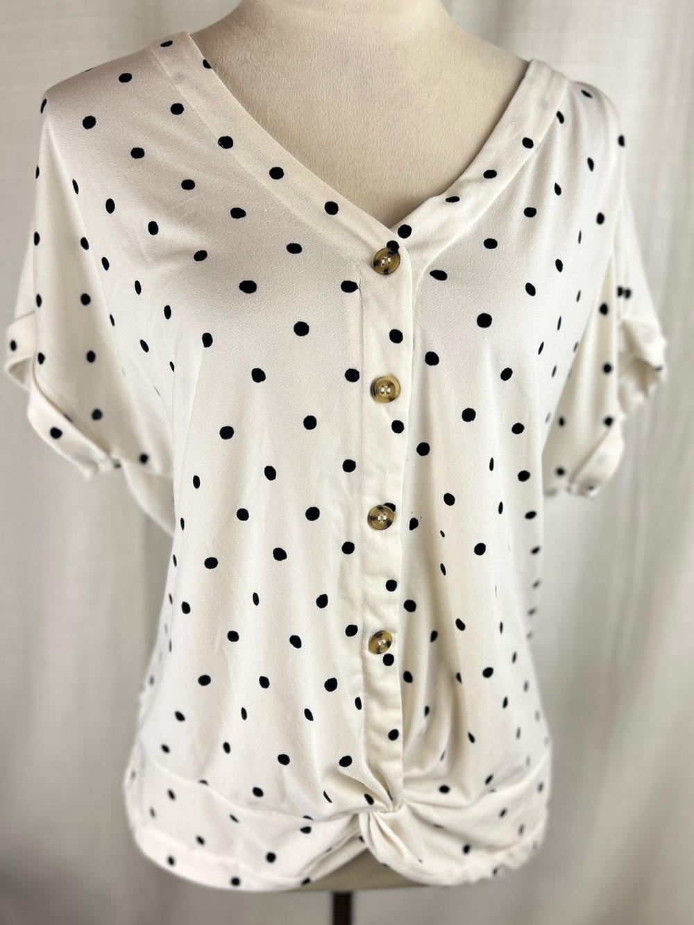 Flower &‎ Feather Polka Dot Button Front Twist Knot Blouse White Black XL